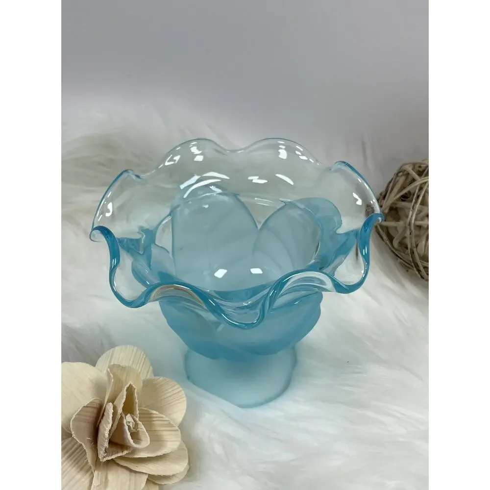 Vintage Viking Glass Cabbage Leaf Compote Bowl with Blue Frosted Finish 4
